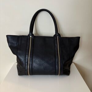 Spacious Real Leather Black Carryall Tote Bag w/ Gold Zippers